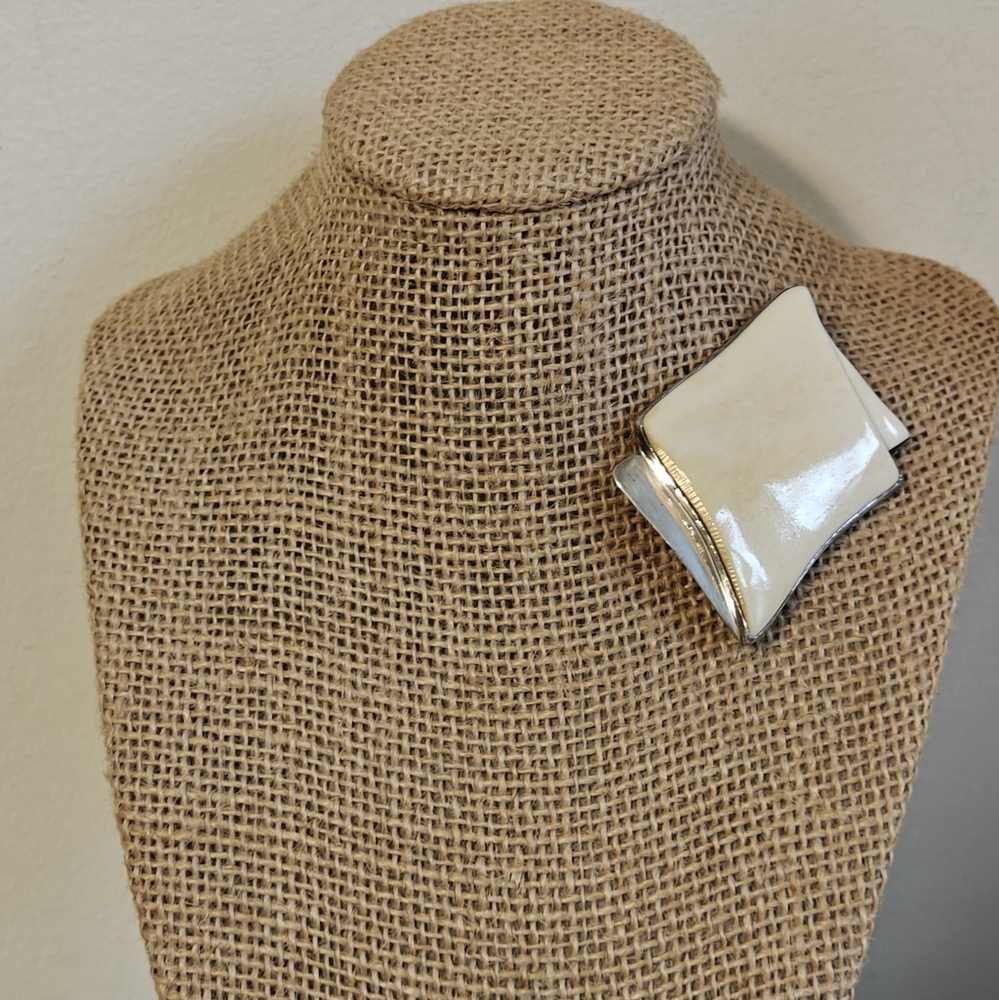 Vintage GFMW Mid-century Modern Polished Bone & Sterling Silver Brooch